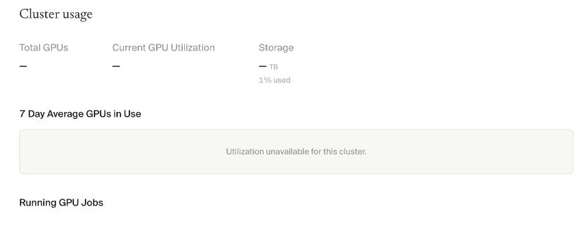 The current Cluster usage page with GPU, storage, utilization, and running-job sections