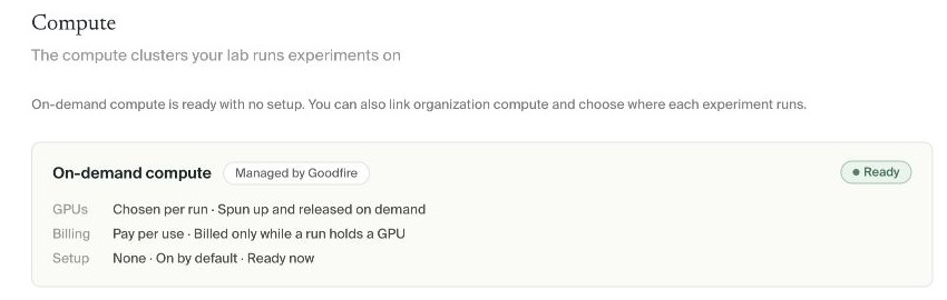 The current on-demand compute card in Organization settings