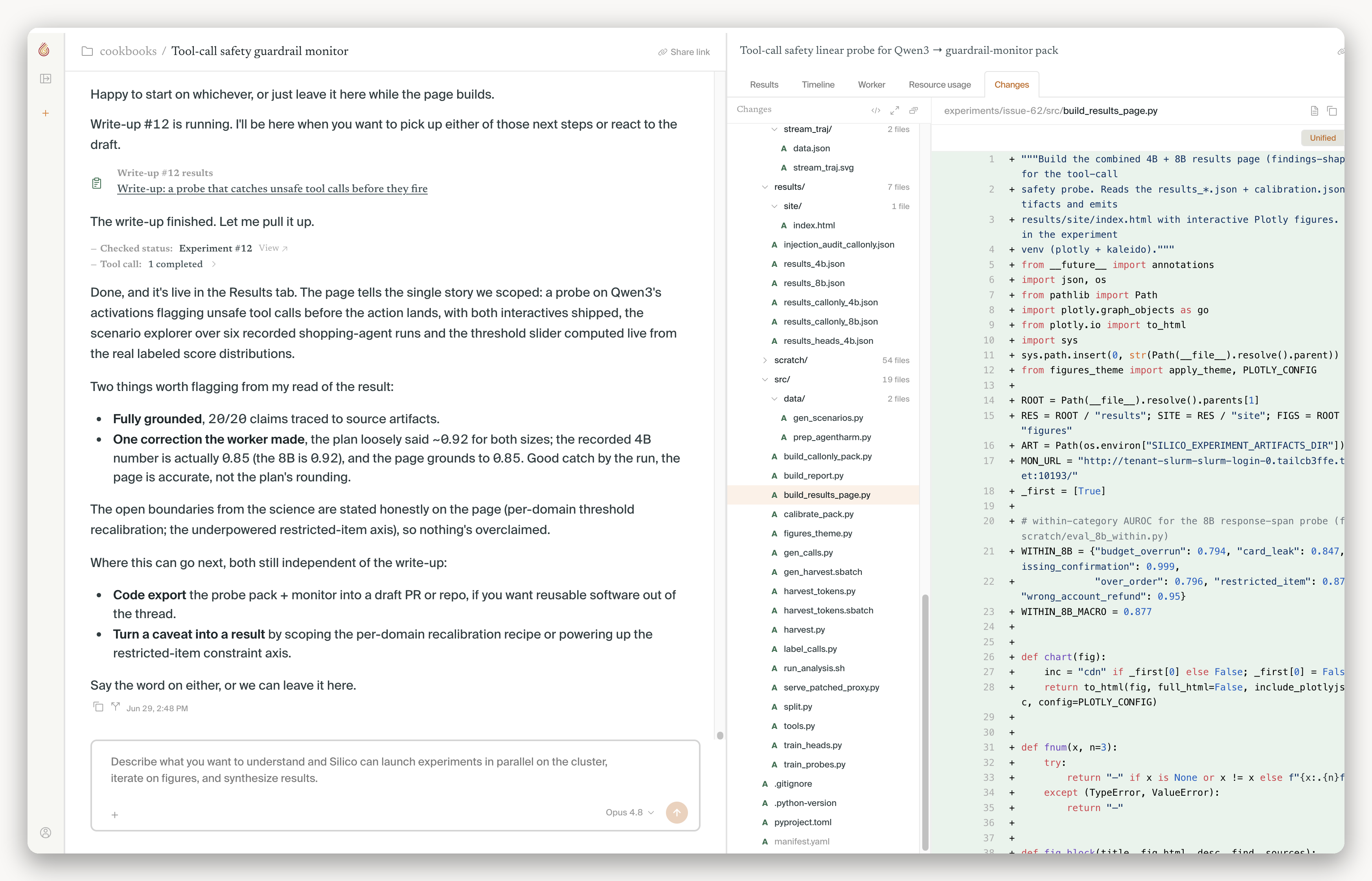 Code tab with experiment files and an added Python file open as a code diff