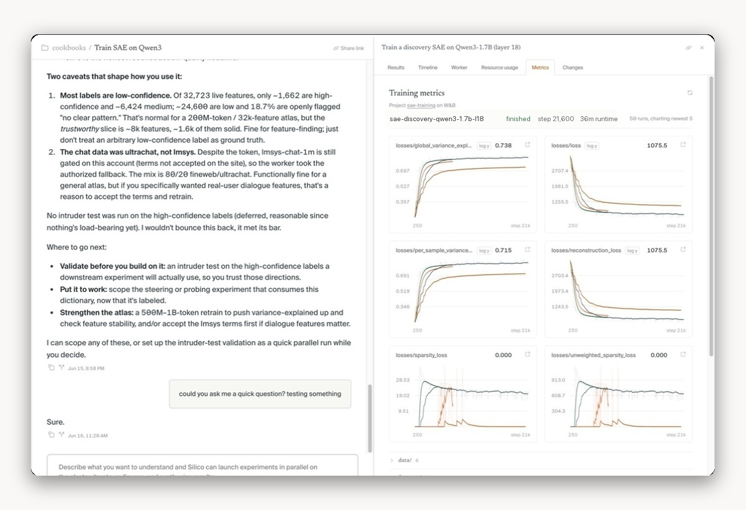 Metrics tab for a linked Weights & Biases training run