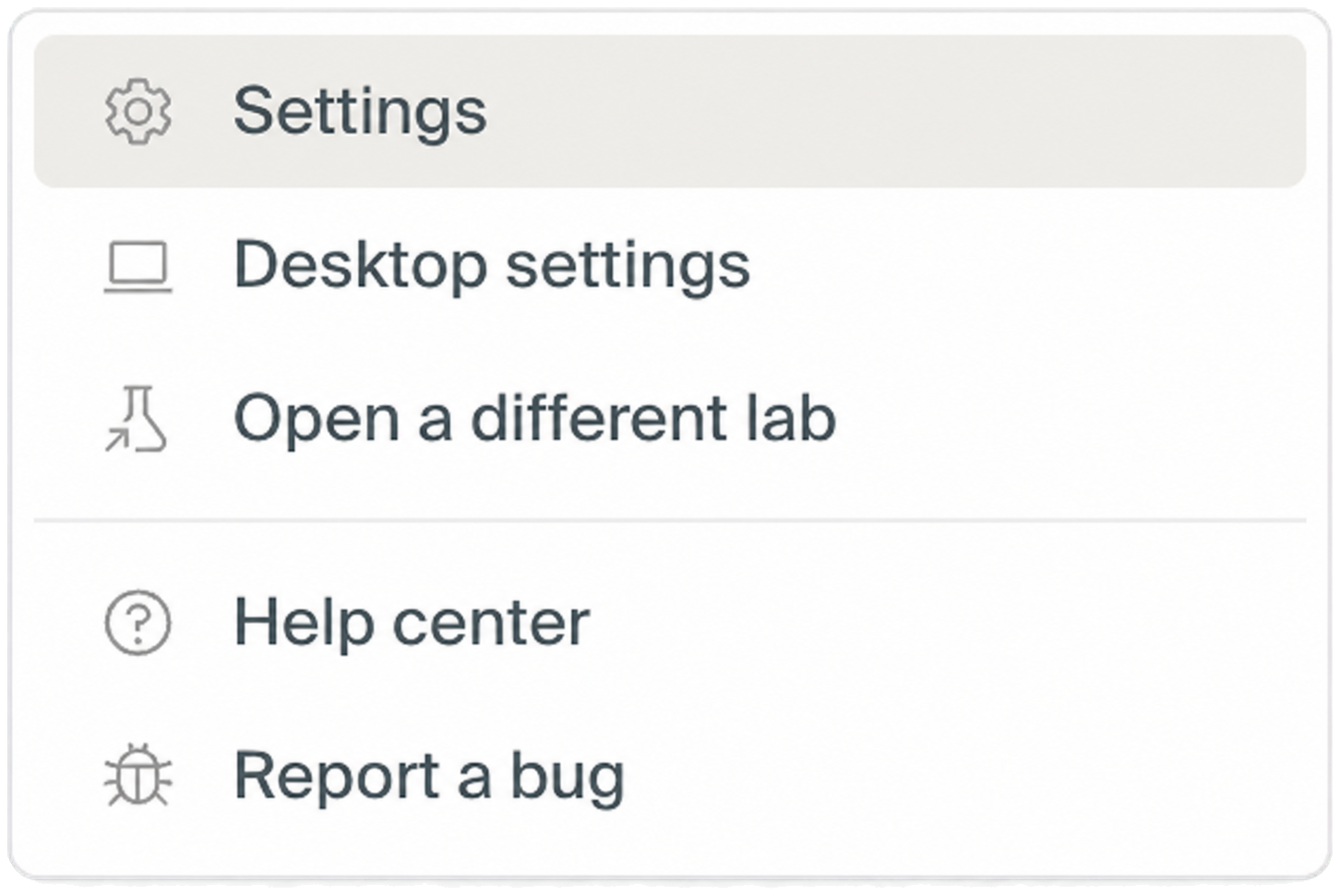 The desktop user menu with the Report a bug option
