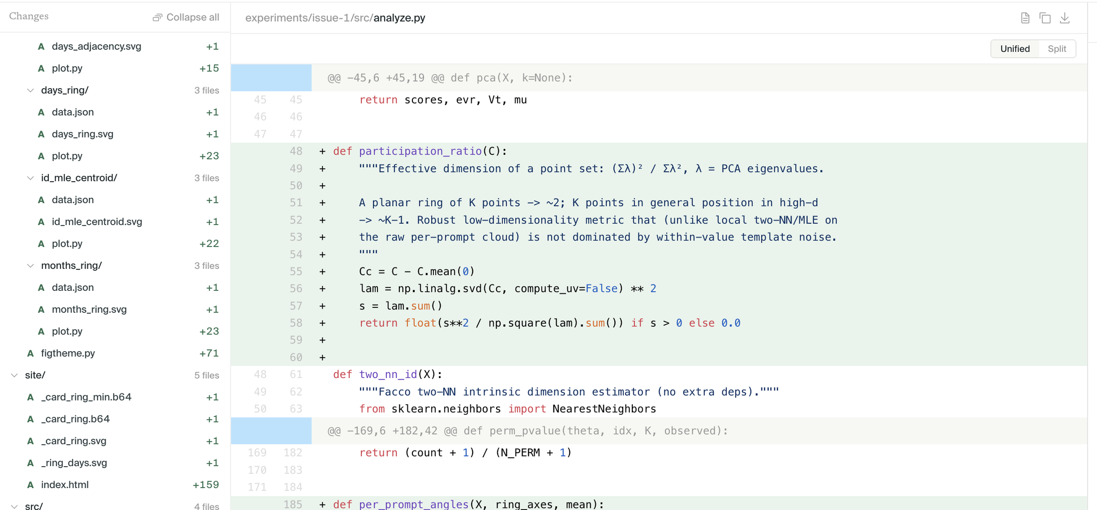 Silico experiment Code tab showing changed files and a code diff