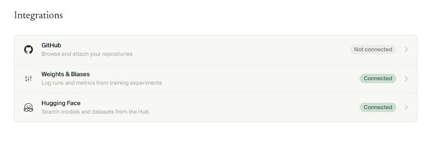 Current personal integration cards for GitHub, Weights & Biases, and Hugging Face