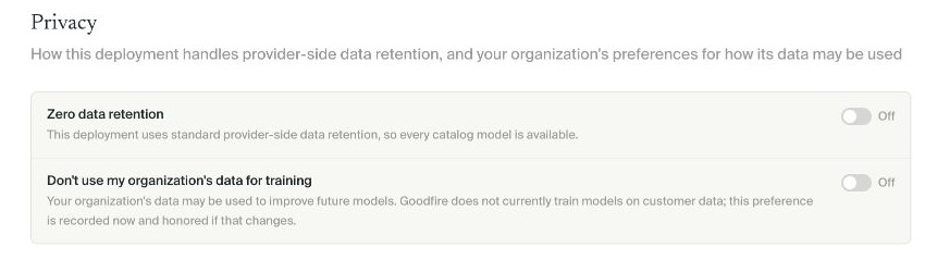 The current Privacy settings for provider retention and organization data-use preference