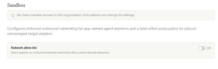 The current Sandbox settings page showing the organization network allow-list