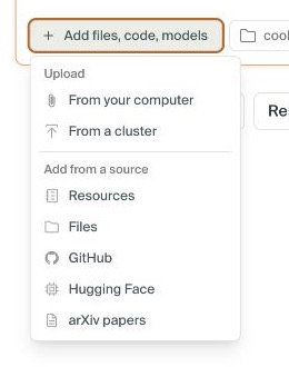 The current attachment menu with upload, filesystem, GitHub, Hugging Face, and arXiv sources